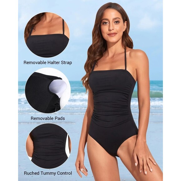 Women Black Bandeau One Piece Swimsuit Tummy Control Bathing Suit Halter size L - Picture 2 of 13